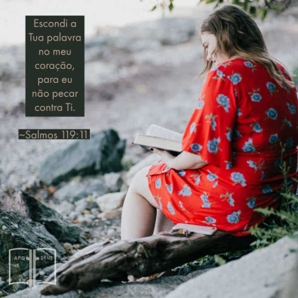 Uma mulher de vestido vermelho, estudando a palavra de Deus.
Escondi a tua palavra no meu coração, para eu não pecar contra ti. (almos 119:11)