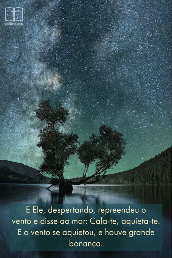 Um céu estrelado noturno se reflete nas águas calmas. Paz, Silêncio.