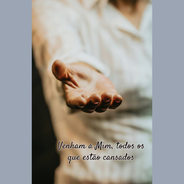 Não desista porque você se sente cansado e quebrado. Vá até Jesus. Uma mão estendida no ar, com as palavras: Venham a Mim, todos os que estão cansados.