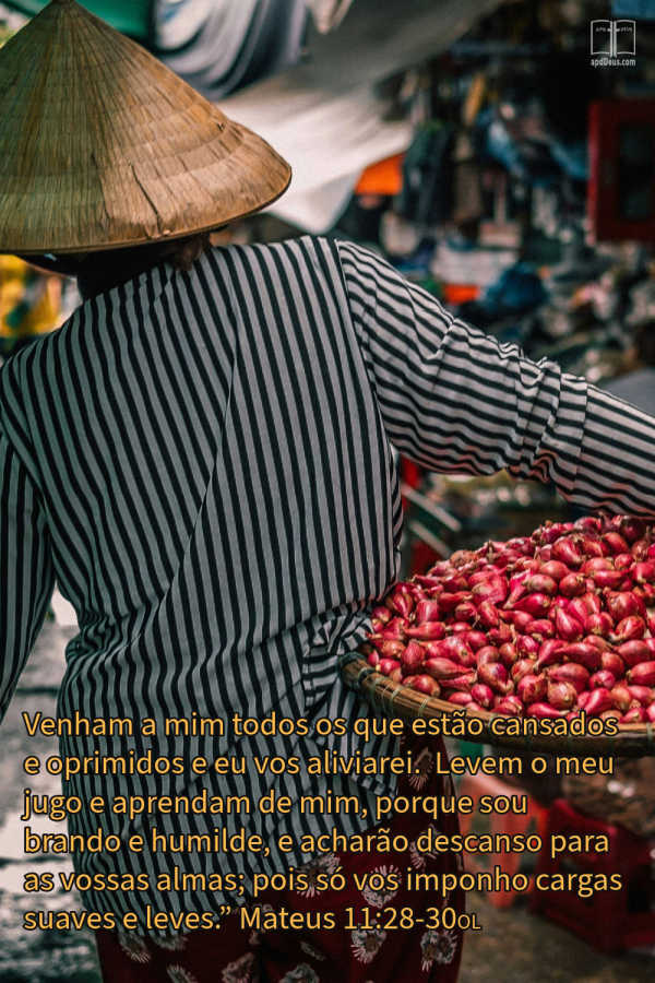 Você não acha reconfortante poder confiar em um Deus que se importa com seu cansaço e não o considera um fardo? Uma mulher com um chapéu de palha carrega uma grande bandeja com frutas por um mercado ao ar livre.